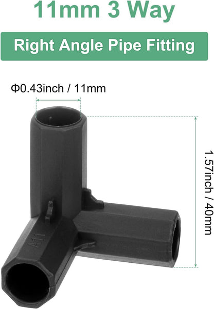 12 Pcs 11mm Greenhouse Frame Building Connectors, 3 Way Right Angle Pipe Fitting for Grape Trellis/Sunscreen Shed/Gardening Plant Stakes, Greenhouse Accessories [Black]