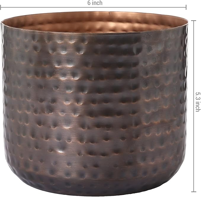 MyGift 6 Inch Vintage Copper Tone Metal Vase, Flower Pot with Hammered Texture, Cylindrical Indoor Succulent Plant Container - Handcrafted in India