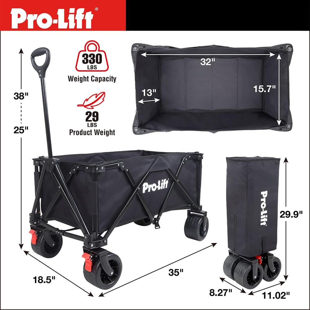 Pro-Lift Collapsible Folding Wagon– Beach Cart Large Capacity, Heavy Duty Folding Wagon Portable, for Outdoor Sports, Grocery, Camping, Shopping, Garden, Sports, Load up to 330LBS