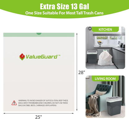 Large Trash Bags 13 Gallon Tall Drawstring 100% Post-Consumer Recycled Garbage Bag Waste Bag for Kitchen Office 0.6 Mil (300 Count)