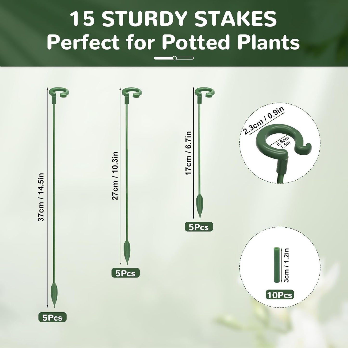 Adjustable Plant Support Stakes with, 15 Pack Green Garden Stakes for Indoor Outdoor Potted Plants, Orchids, Tomatoes, Roses, Single Stem Support Stakes