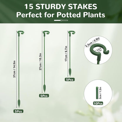 Adjustable Plant Support Stakes with, 15 Pack Green Garden Stakes for Indoor Outdoor Potted Plants, Orchids, Tomatoes, Roses, Single Stem Support Stakes
