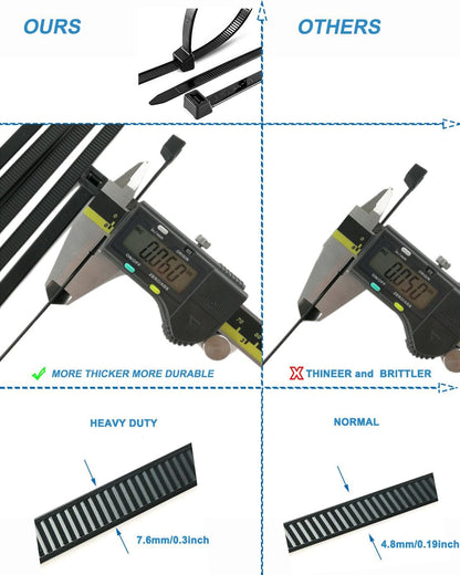 HS Strong 12 Inch Heavy Duty Outdoor Wire Zip Ties Thick 0.3 Inch (100 Pack) 120 LBS High Strength Large Plastic Wide Cable Zipties Black Hd