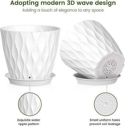7 inch Plant Pots for Indoor Outdoor Plants, 5 Pack Thick Nursery Pots with Drainage Holes and Saucers, 3D Modern Wave Texture Plastic Planter Pots for Flowers and House Plants, White