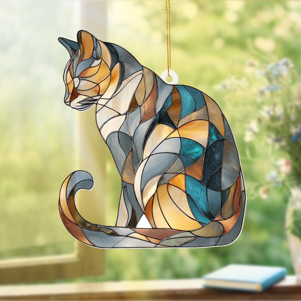 Stained Glass Cat Ornament – 2025 Christmas Tree Decoration, Handmade Animal Suncatcher for Window, for Cat Lovers & Unique Home Décor (Sun-03)