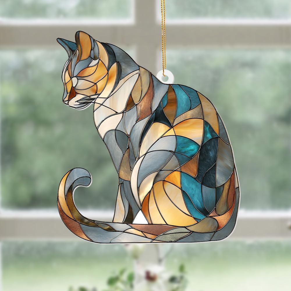 Stained Glass Cat Ornament – 2025 Christmas Tree Decoration, Handmade Animal Suncatcher for Window, for Cat Lovers & Unique Home Décor (Sun-03)