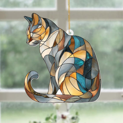 Stained Glass Cat Ornament – 2025 Christmas Tree Decoration, Handmade Animal Suncatcher for Window, for Cat Lovers & Unique Home Décor (Sun-03)