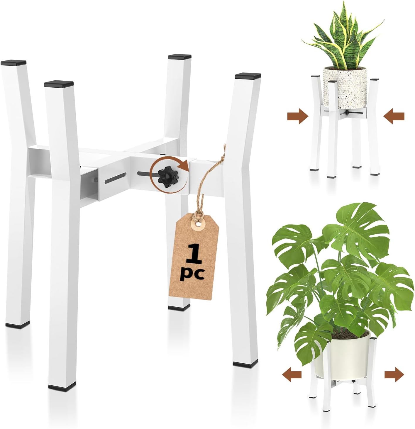 LASZOLA White Adjustable Plant Stand for Single Large Outdoor Indoor Planters, Heavy Duty Metal Floor Fern Holder Fits 8 to 12 Inch Pots, Elevated Big Flower Stool for Patio – Pot Not Included, 1 Pack