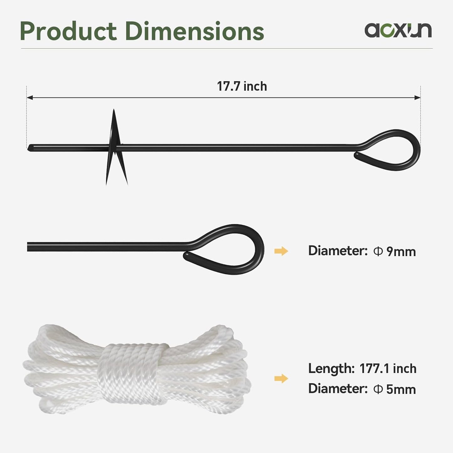 Aoxun 18'' Heavy Duty Ground Anchors Screw in Tent Stakes, with 3" Spiral Blade,Nylon Rope and Spring Clasps for Camping Tent, Canopies, Carports, Sheds, Swing Sets, Canopy Kit, 4 Pack