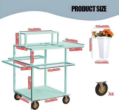 Metal Garden Cart Plant Stand with 18pcs Buckets and parasols, Slide Out Rolling Flower Display Rack, for Florist, Patio Garden, Weddings Party, Business Market (green)