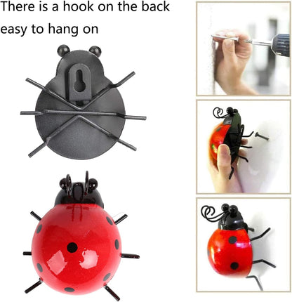 Metal Garden Decor for Outside Cute Ladybugs Yard Art Lawn Ornaments Wall Sculptures & Statues Outdoor Fence Decorations for Patio - Set of 8