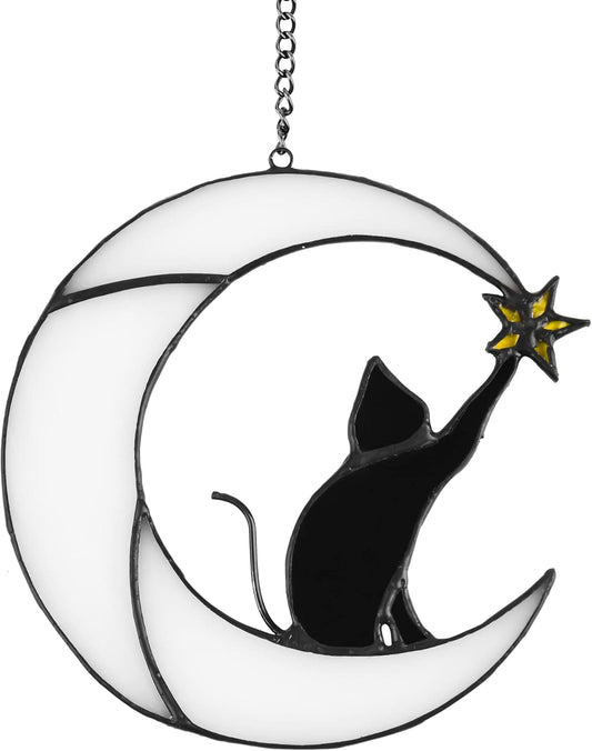 Stained Glass Cat on Moon Pick Star Window Hanging Suncatchers Memorial Gift Decor for Women (Black