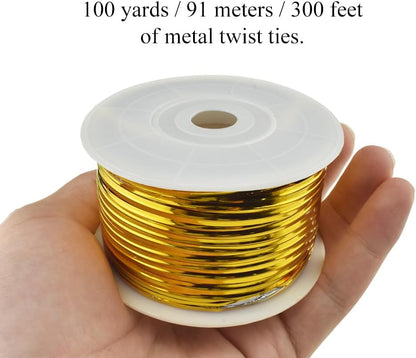 HAHIYO 100Yards/300Feet/91M Gold Metal Twist Ties for Bread, Candy, Coffee, Plant Garden, Cellophane Treat, Gift Wrapping, Plastic Bags - Halloween Party, Cake Present, Art Craft