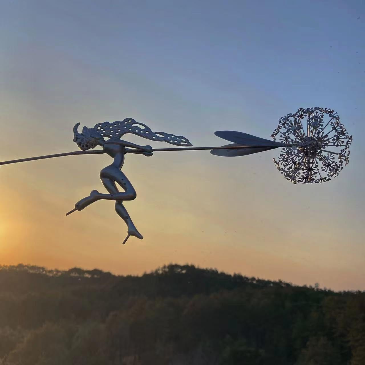 Flower Fairy Dancing with Dandelion Garden Art Sculpture Stainless Steel Statue Christmas Halloween Decoration for Outdoor Yard Courtyard Lawn Patio Metal Ornaments (Wave)