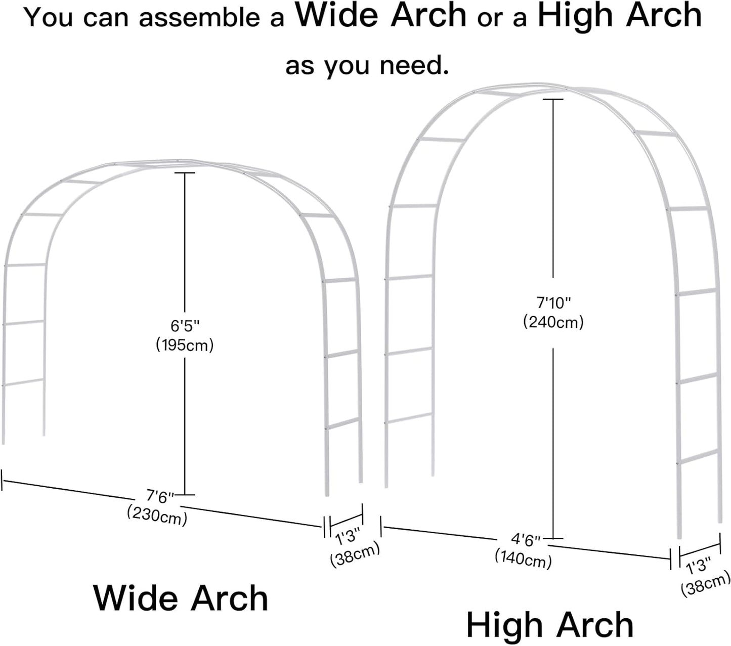 RUBFAC 94" Metal Wedding Arch Frame, White Garden Trellis for Climbing Plants Outdoor, Garden Arbors and Arches Party Archway for Flower Rose Vines Birthday Bridal Christmas Decoration