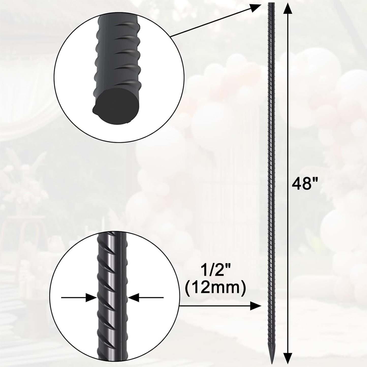 Steel Rebar Stakes 48 lnch 8 Pack Ground Stakes Heavy Duty 1/2 Inch Diameter Landscpe Timber Spikes Straight Metal Stakes with Chisel Point for Garden Camping Plant Support, Black