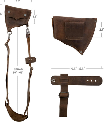 Axe Head Sheath with Shoulder Strap, Convertible Edge Protector, Riveted Carrier for Lumberjacks, Accessory for Tools, Home Improvement, Full Grain Leather, Handmade, Bourbon Brown