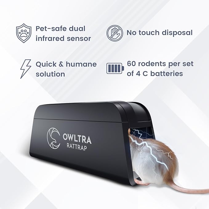 OWLTRA OW-1 Indoor Electric Rat Trap 2PCS, Instant Kill Rodent Zapper with Pet Safe Trigger, Black