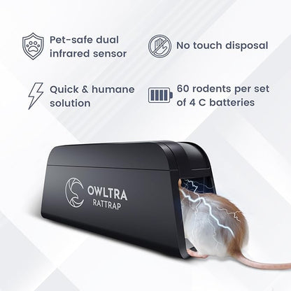 OWLTRA OW-1 Indoor Electric Rat Trap 2PCS, Instant Kill Rodent Zapper with Pet Safe Trigger, Black