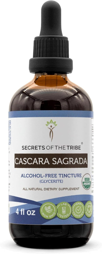 Secrets of the Tribe Cascara Sagrada USDA Organic | Alcohol-Free Extract, High-Potency Herbal Drops | Made from 100% Certified Organic Cascara Sagrada (Frangula purshiana) Dried Bark (4 oz)