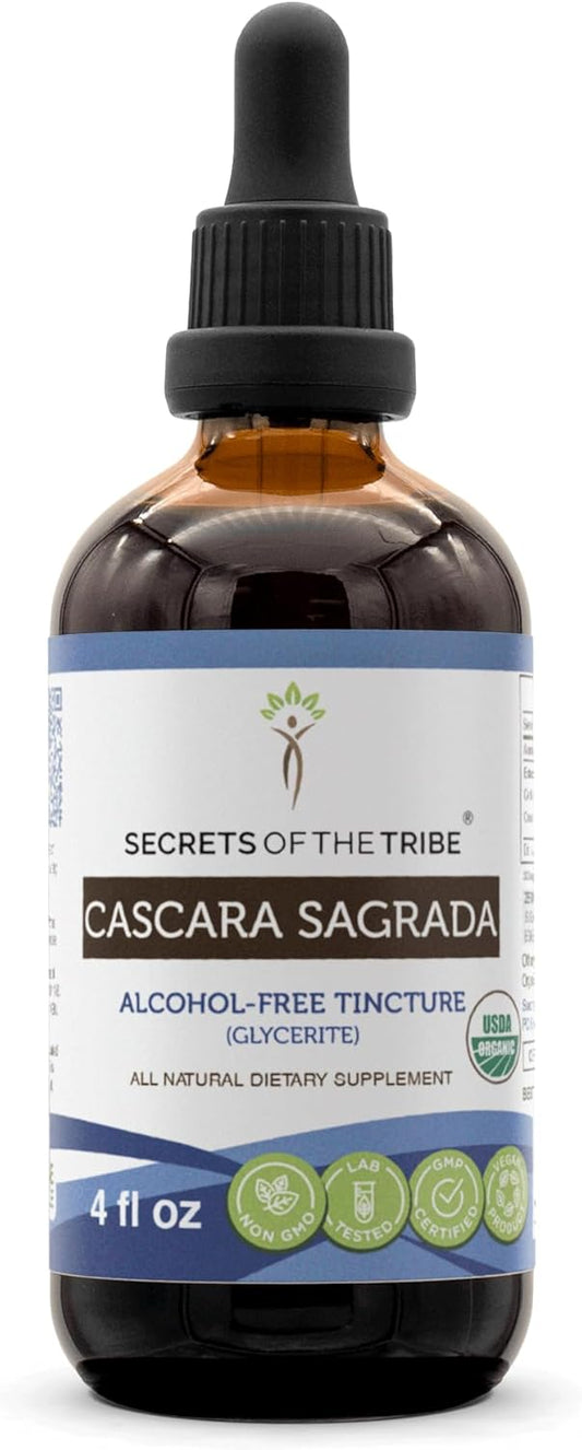 Secrets of the Tribe Cascara Sagrada USDA Organic | Alcohol-Free Extract, High-Potency Herbal Drops | Made from 100% Certified Organic Cascara Sagrada (Frangula purshiana) Dried Bark (4 oz)