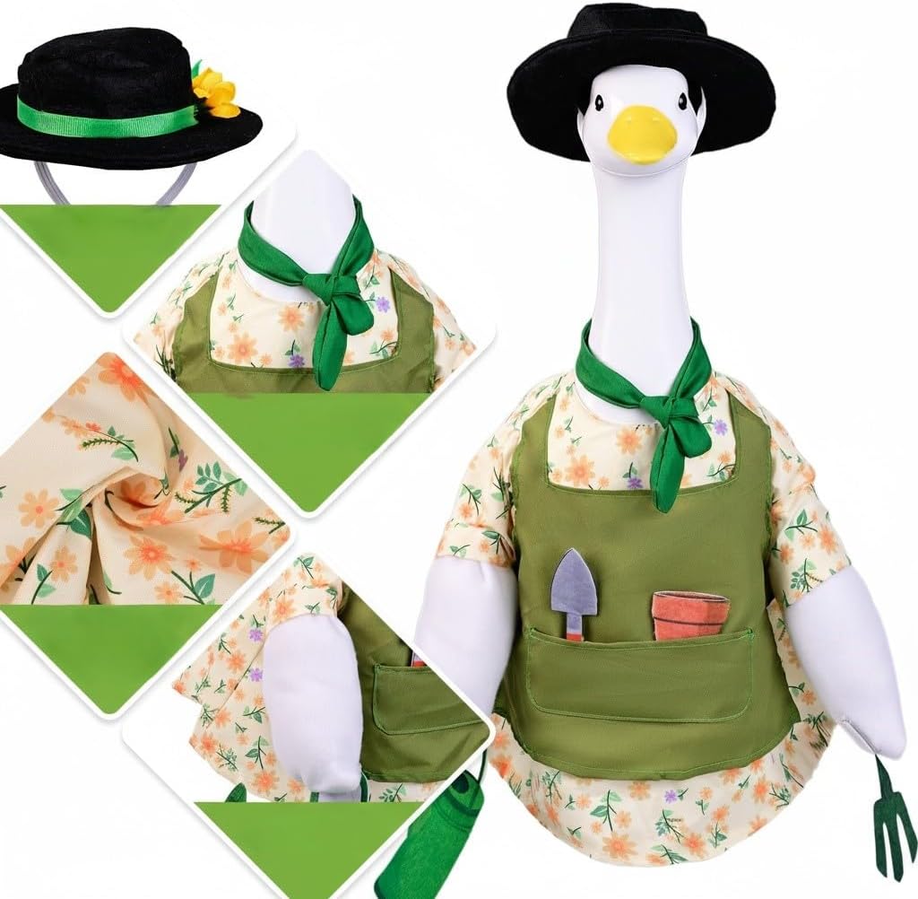 Gardener Goose Outfit for 23” Porch Goose Statue – Cute Lawn Goose Clothes for Outdoor Garden, Patio, Yard, Seasonal Decoration (Gardening Theme)