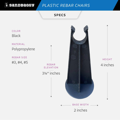 Sandbaggy Rebar Plastic Chair | Fits Rebar #3 to #5 | Heavy Duty Construction - Preferred Choice for Concrete Contractors | Saves Money & Labor Compared w/Dobie Bricks (Pack of 50, 3-1/4 Inch Length)