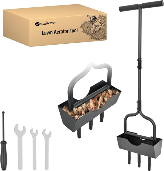 Yesker Lawn Aerator Coring Tool with Soil Core Tray, 39 inches Manual Garden Plug Aerator for Grass Aeration, Yard Aerator & Cleaning Tool for Compacted Soil, Lawn Care