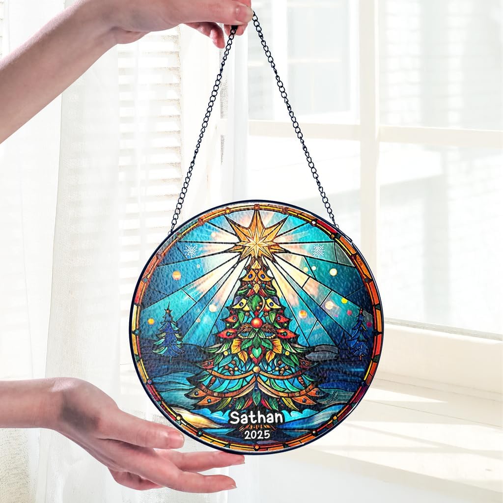 Personalized Stained Glass Christmas Tree Suncatcher, Christmas Handcraft Holiday Ornament with Name and Number, Gift for Family or Friend, Gift for Décor