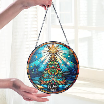 Personalized Stained Glass Christmas Tree Suncatcher, Christmas Handcraft Holiday Ornament with Name and Number, Gift for Family or Friend, Gift for Décor