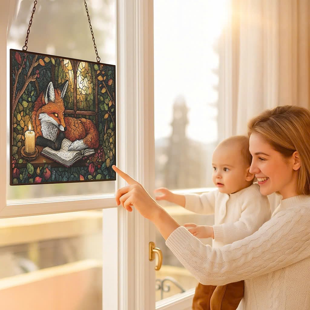 Personalized Rectangle Boho Fox Journaling in Forest Stained Glass Window Hanging, Stained Glass Window Decor Suncatcher for Women, Home Décor