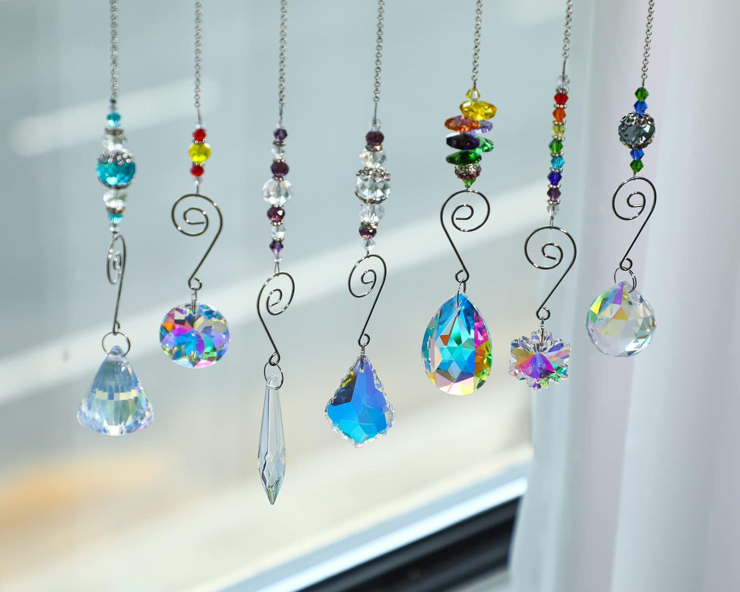 7PCS Crystal SunCatchers Hanging Sun Catcher with Colorful Beads Prism Chain Pendant Christmas Ornament, Window Home Wall Tree Cars Hanging Decoration