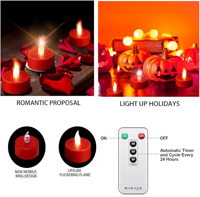 Tea Light Candles with Remote Control,24pack Flickering Flameless LED Candle,Long Lasting 400+Hours,Battery Operated with Timer for Home Decoration Seasonal &Festival Celebration Red