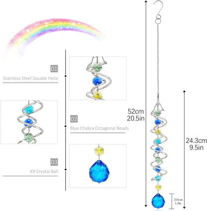 H&D HYALINE & DORA 20.5inch Gazing Ball Spiral Tail,Decorative Wind Spinner Sun Catcher,Rainbow Maker Double-Spiral W/Sea Blue Crystal Ball and Chain,Glass Crystals for Indoor Outdoor Decoration