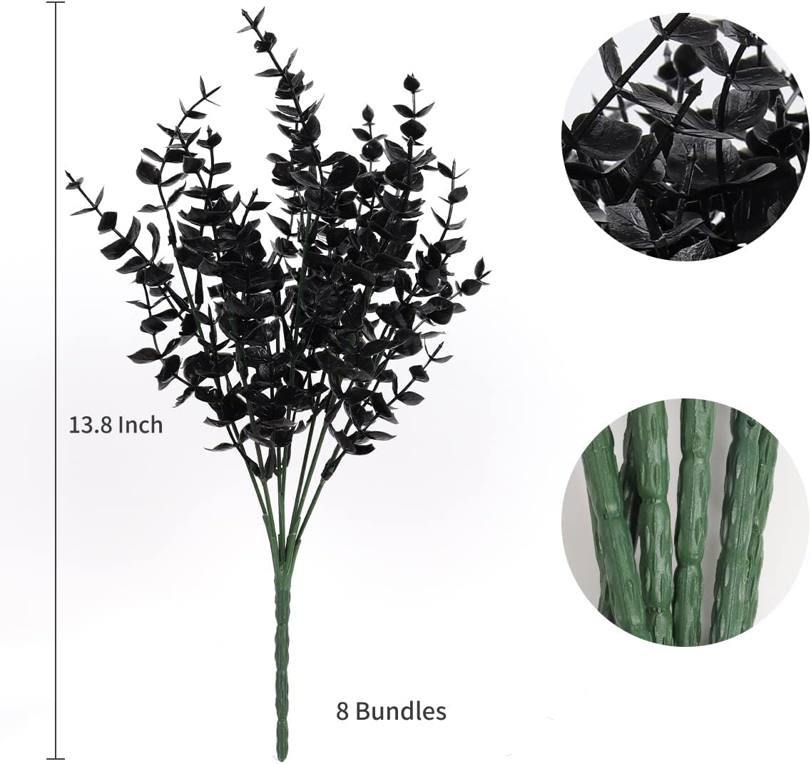 RECUTMS Black Artificial Flowers, Fake Outdoor UV Resistant Plants Faux Plastic Greenery Shrubs Indoor Outside Hanging Planter Halloween Flower Decoration, Garden Decor (Black Eucalyptus)