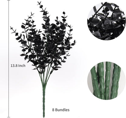 RECUTMS Black Artificial Flowers, Fake Outdoor UV Resistant Plants Faux Plastic Greenery Shrubs Indoor Outside Hanging Planter Halloween Flower Decoration, Garden Decor (Black Eucalyptus)