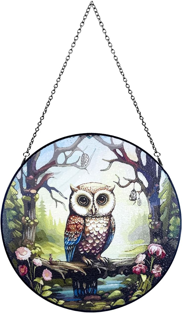 Launching at 12", Hand Painted Owl Stained Glass Hanging, Includes Metal Chain