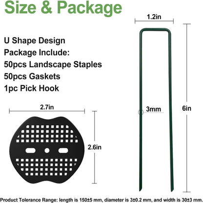 FOTMISHU Landscape Staples 6Inch 50pcs Garden Stakes + 50pcs Gasket, Lawn Pins with Spray Coating Craft, 11Gauge Anti-Rust Ground Yard Spikes Anchoring for Outdoor Tents Irrigation Hoses (Green)