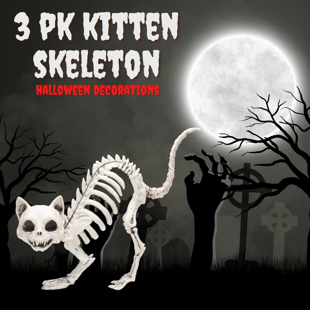 SCS Direct Kitten Skeleton Halloween Decoration (3 Pack)-7.5" Long-Weather Resistant - Upgrade Your Fall Graveyard Haunted House Party Props, Trick-or-Treat Decor, School Classroom