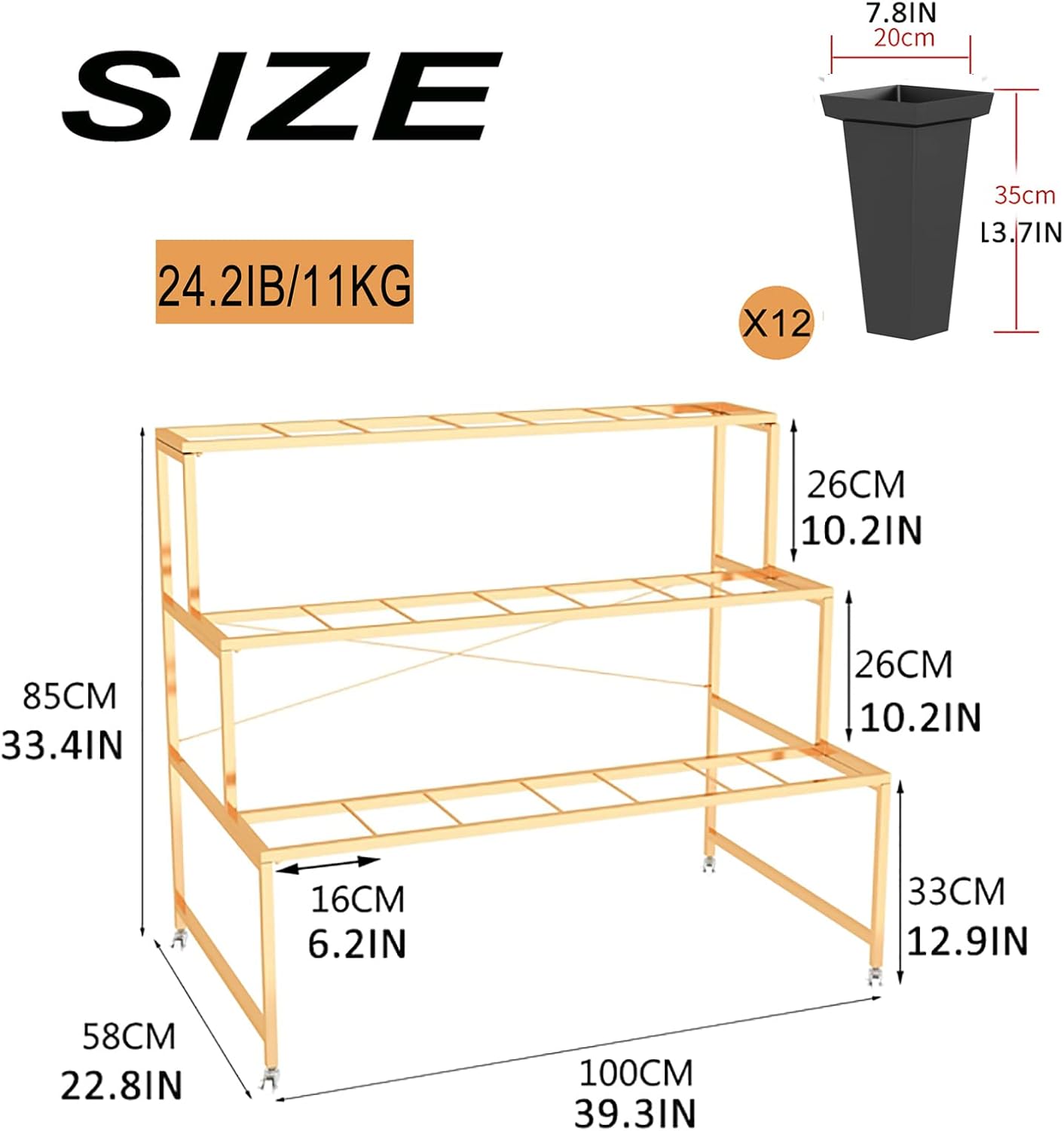 Flower Display Stand With 12PCS Buckets, 3 Layers Metal Plant Stand with Wheels, Heavy Duty Moving Plant Cart Shelf, for Indoor, Outdoor Patio Garden, Living Room, Florist (Black - Square Bucket)