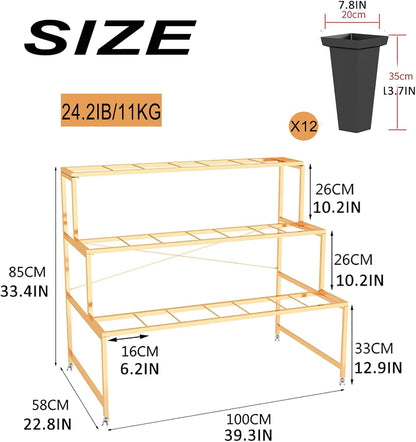 Flower Display Stand With 12PCS Buckets, 3 Layers Metal Plant Stand with Wheels, Heavy Duty Moving Plant Cart Shelf, for Indoor, Outdoor Patio Garden, Living Room, Florist (Black - Square Bucket)