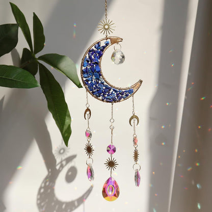 Moon Suncatcher Hanging Decor, Boho Chic Lapis Lazuli Crystal Sun Catcher, Spritual Sun Light Catcher for Windows, Blue Crescent Moon Housewarming Gift (Lapis Lazuli)