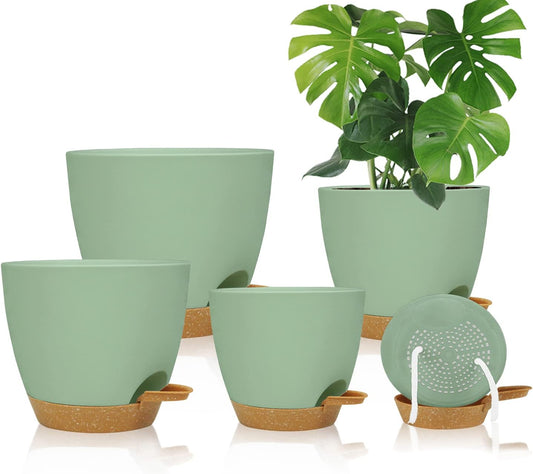 Self Watering Planters with Drainage Holes Reservoir,Nursery Planting Pot for Indoor Decor Garden Plants Succulents,Snake Plant, African Violet,Plastic Flower Pots Set 7+6.5+6+5.5+5 Inch (Green)