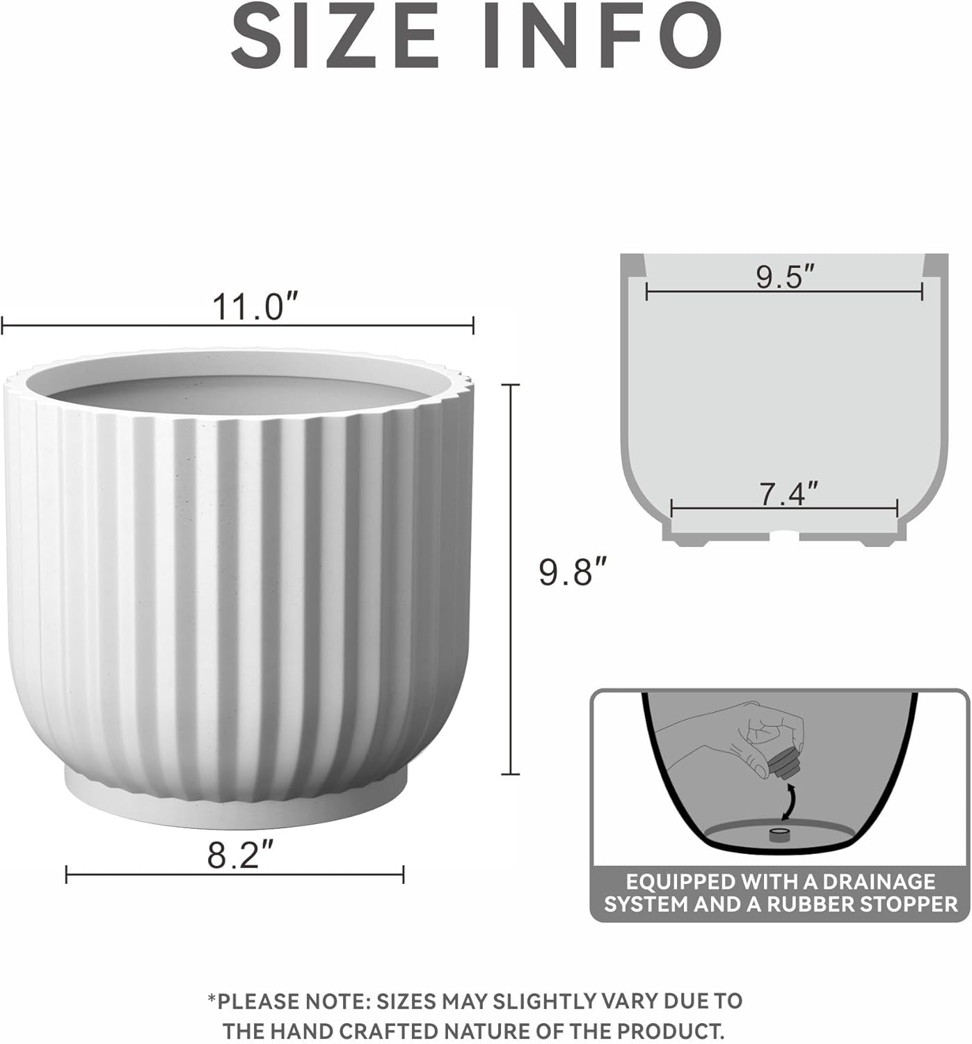 Kante Round Fulted Planter, 14 Inch Dia Large Concrete Plant Pots with Drainage Hole and Rubber Plug, Modern Decor for Indoor Outdoor Plants, Flower, White