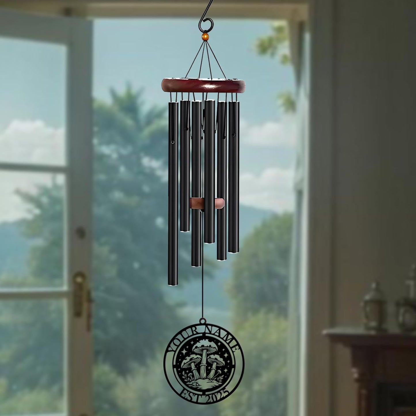 Personalized Customize Name Fantasy Mushroom Wonderland Wind Chime, Metal Iron 37 Inch Outdoor Memorial Gift for Garden Yard Patio Home Decor, Black (Style G)