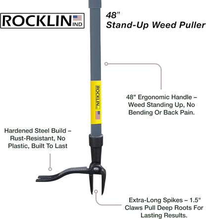 Rocklin™ Stand Up Weed Puller Tool - 4 Claw Steel Head - 48 inch Handle - 100% Metal - Easily Remove Weeds Without Bending or Kneeling (WeedPuller2.0)