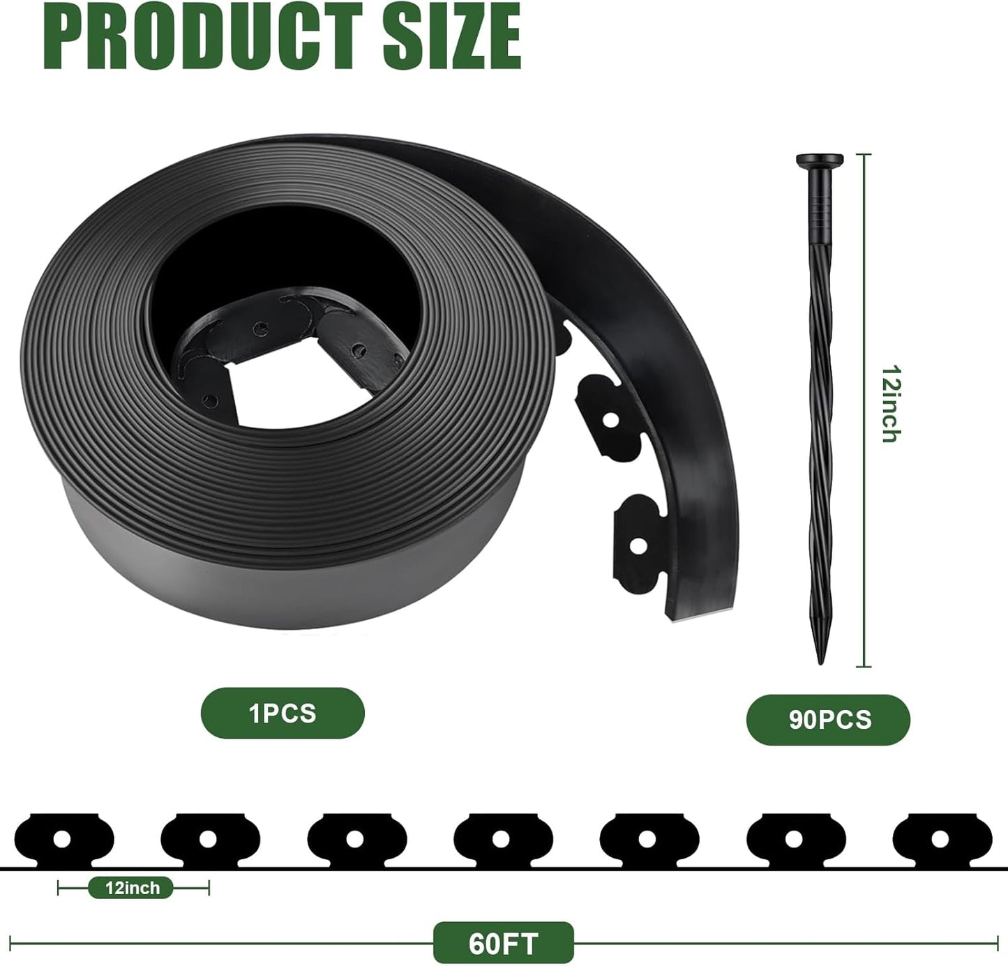 4 in Tall Landscape Edging, 60FT Plastic Garden Border Edging with 90 Anchoring Spikes, Landscape Edging Kit for Garden, Flower Beds and Lawn (Black, 4In x 60FT)