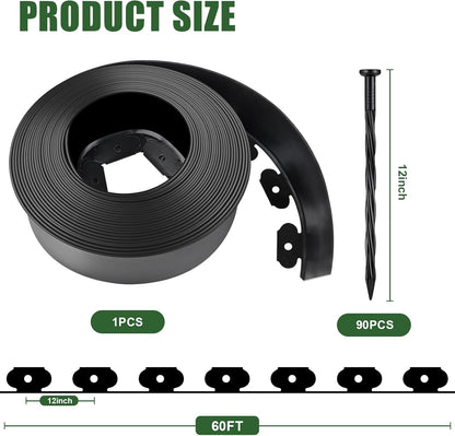 4 in Tall Landscape Edging, 60FT Plastic Garden Border Edging with 90 Anchoring Spikes, Landscape Edging Kit for Garden, Flower Beds and Lawn (Black, 4In x 60FT)