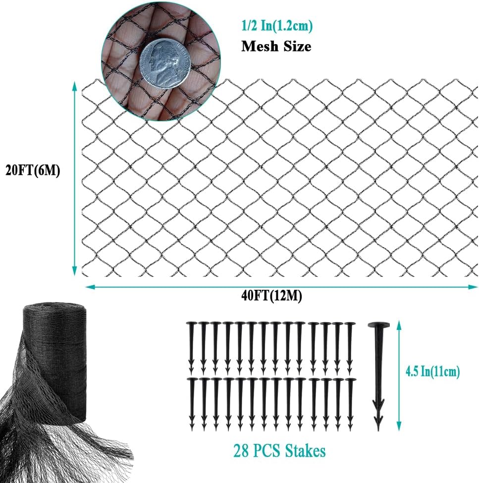 Koi Pond Netting for Leaves 20x40 Ft, 1/2 in Strong Woven Fine Mesh Pond Leaf Net Cover, Protecting Koi Fish from Herons, Raccoons, Birds, Cats & Predators, 28 Pcs Stakes Included