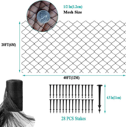 Koi Pond Netting for Leaves 20x40 Ft, 1/2 in Strong Woven Fine Mesh Pond Leaf Net Cover, Protecting Koi Fish from Herons, Raccoons, Birds, Cats & Predators, 28 Pcs Stakes Included
